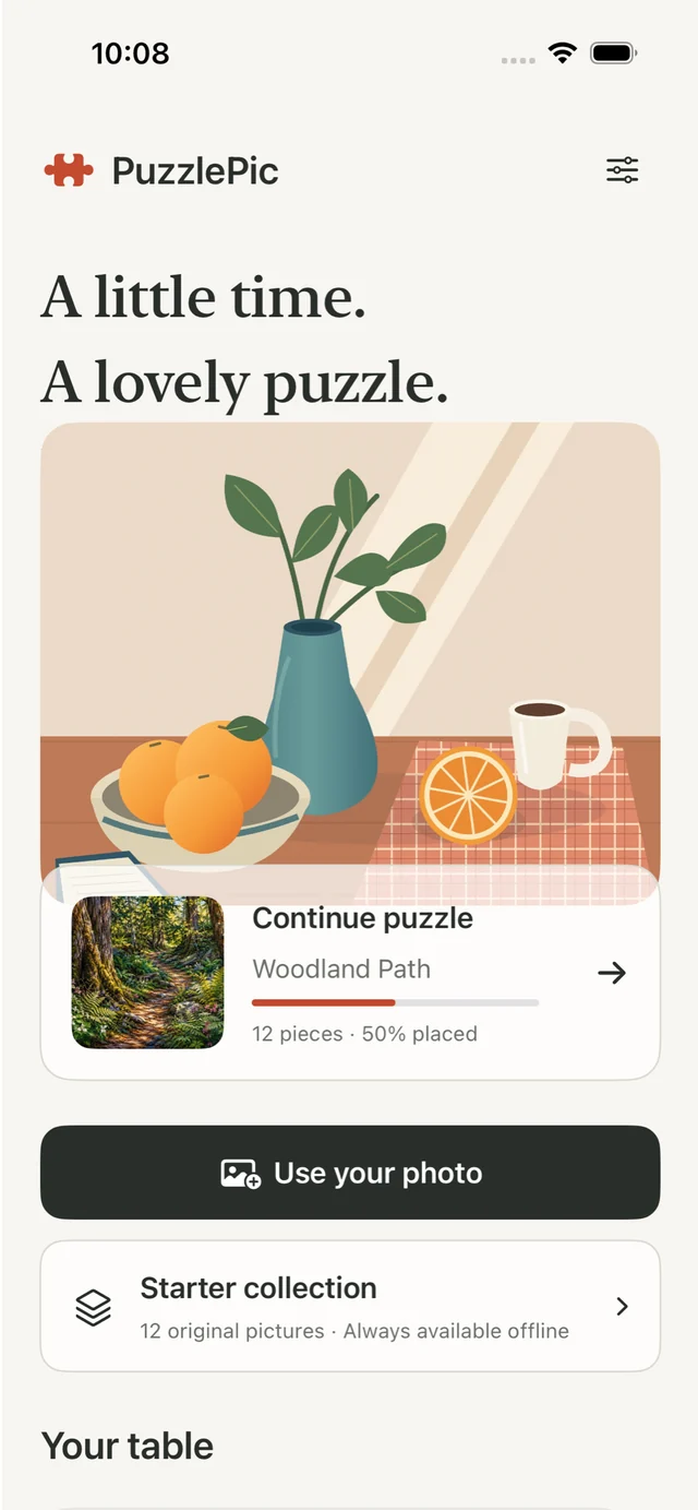 Continue puzzle on the PuzzlePic home screen, showing saved progress.